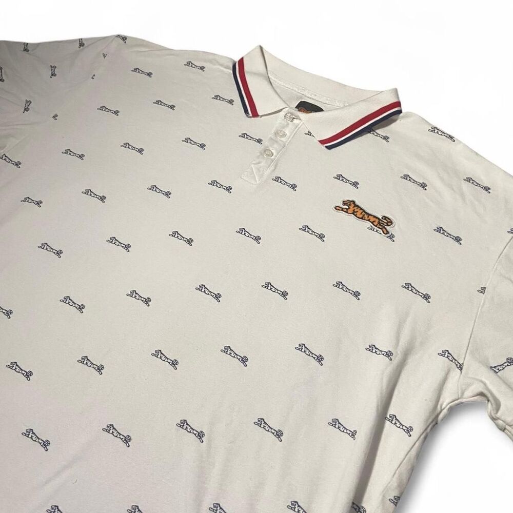 Y2K Le Tigre Polo Shirt – 2XL White All Over Tiger Print Embroidered Logo